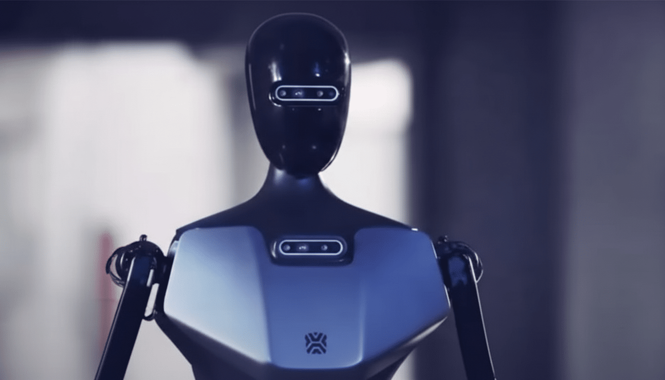 A sleek, dark humanoid robot with a black head and a blue-grey torso, featuring two horizontal camera arrays on its head and chest, standing in a softly lit indoor environment.