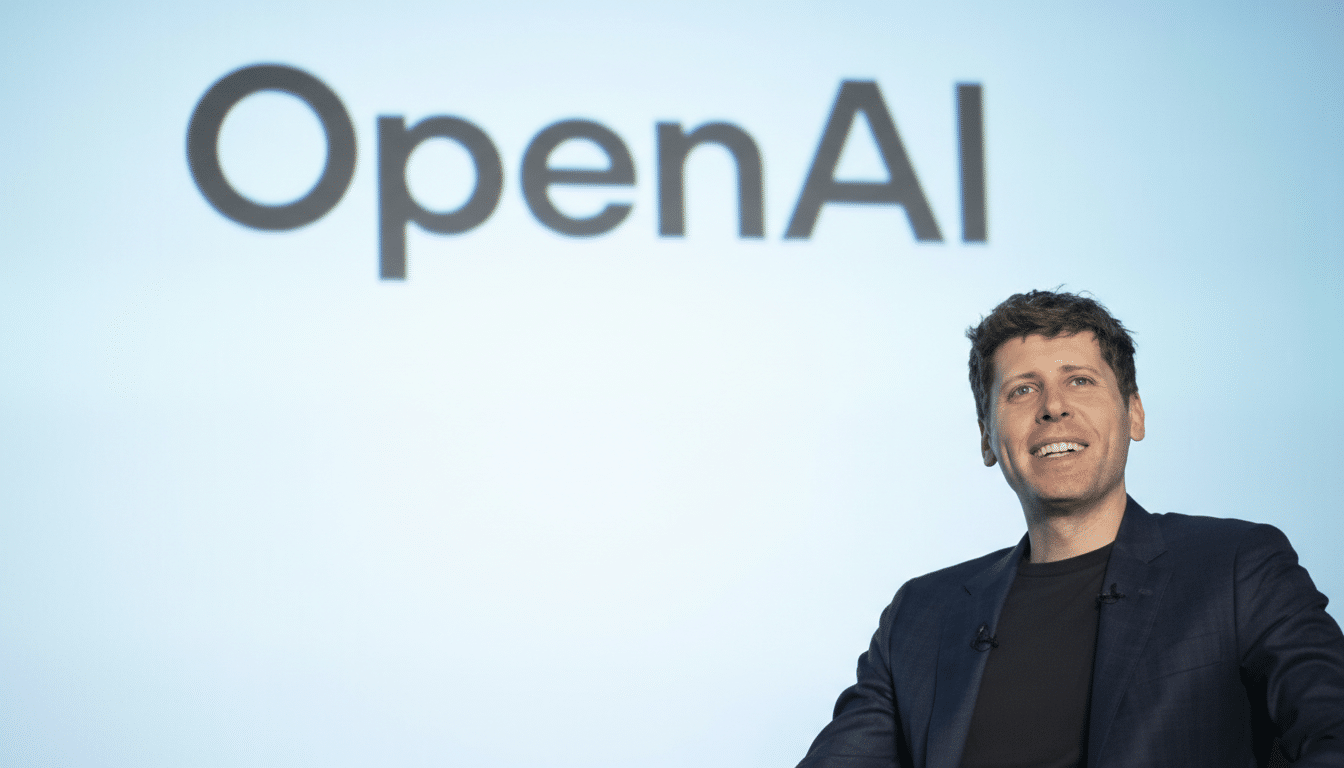 A man in a dark suit jacket and black shirt smiles, with the OpenAI logo visible in the background.