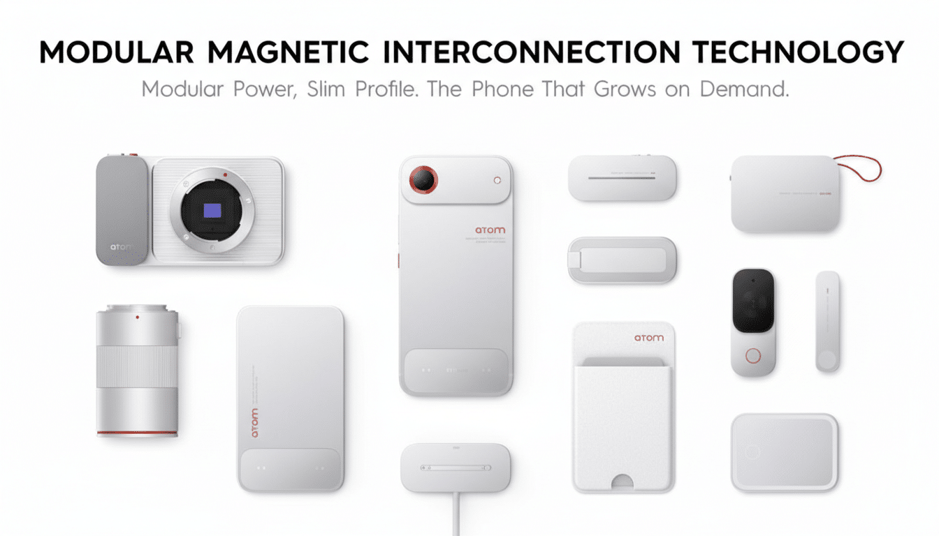 A collection of white modular phone accessories and components, including a camera module, a phone body, a lens, and various other attachments, displayed on a white background with the text MODULAR MAGNETIC INTERCONNECTION TECHNOLOGY and Modular Power, Slim Profile. The Phone That Grows on Demand.