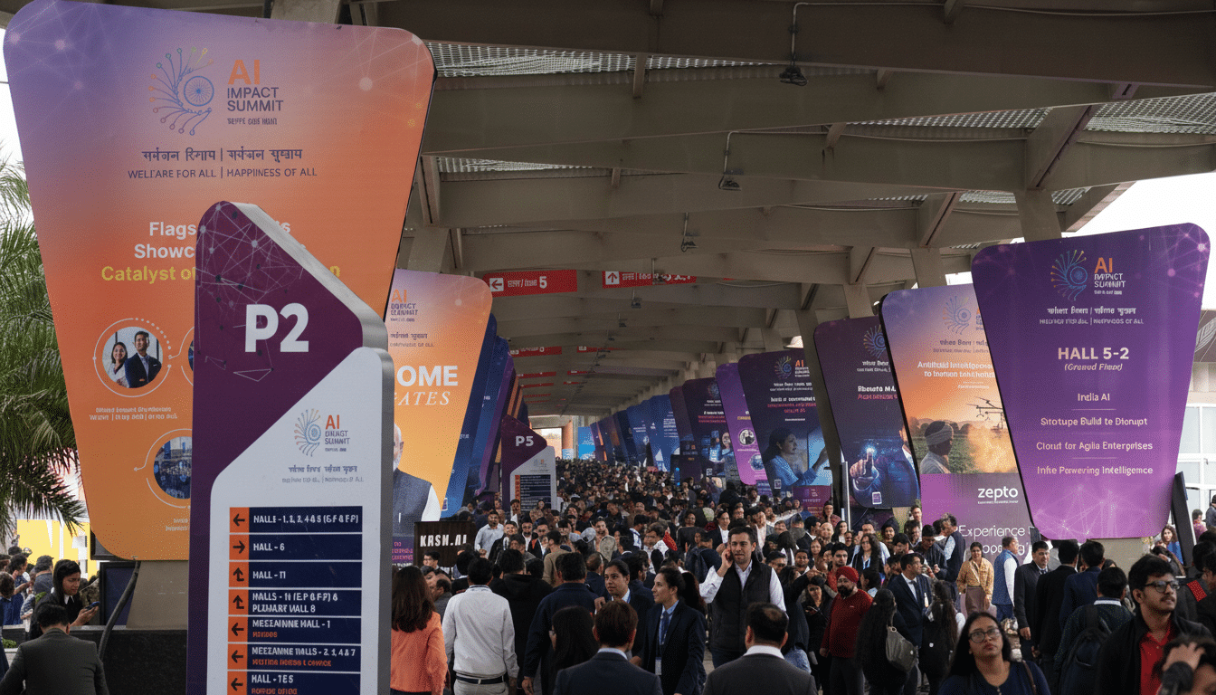 A wide shot of a crowded convention hall entrance, with numerous attendees walking past large banners advertising the AI Impact Summit.