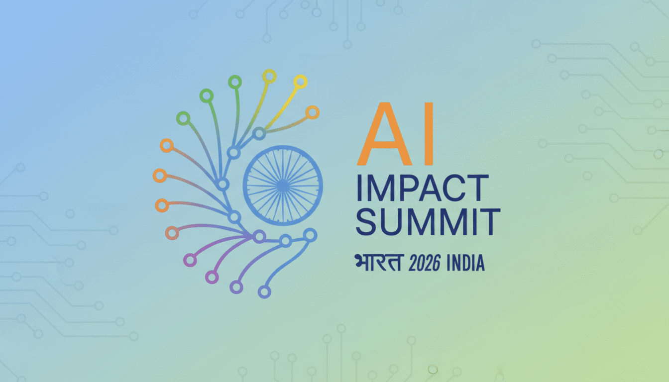 The AI Impact Summit 2026 India logo is presented on a professional flat design background with soft gradients and subtle circuit board patterns. The logo features a colorful, abstract design resembling a circuit or network, with an Ashoka Chakra at its center, and the text AI IMPACT SUMMIT in prominent orange and blue lettering, followed by भारत 2026 INDIA below.