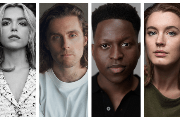 A 16:9 aspect ratio image featuring four headshots of individuals. From left to right: a woman with blonde hair in black and white, a man with long brown hair, a man with short dark hair, and a woman with brown hair.