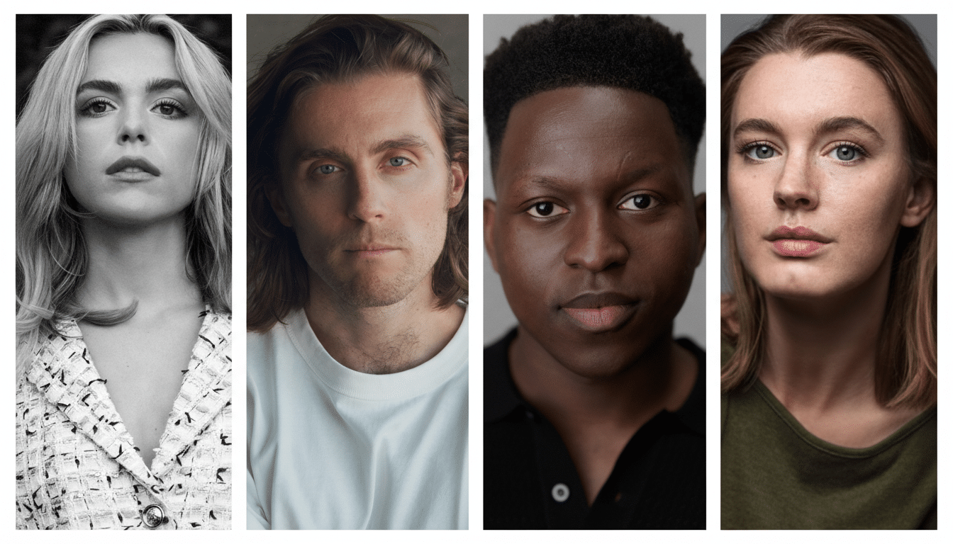 A 16:9 aspect ratio image featuring four headshots of individuals. From left to right: a woman with blonde hair in black and white, a man with long brown hair, a man with short dark hair, and a woman with brown hair.