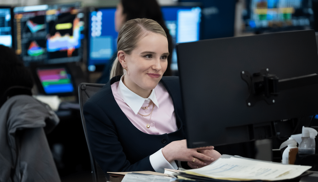 A young woman with blonde hair, wearing a dark suit jacket over a pink shirt and white collar, smiles while looking at a computer monitor in an office setting.