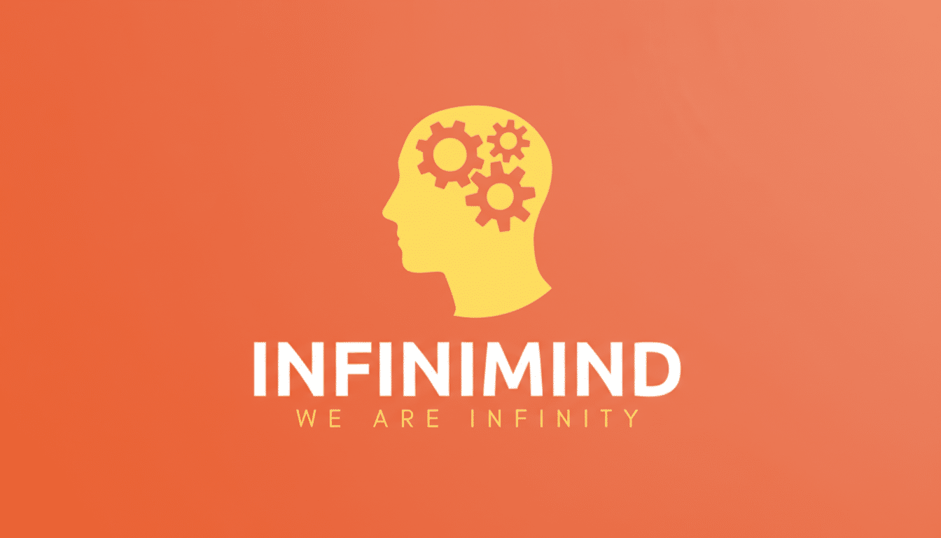 The InfiniMind logo, featuring a yellow silhouette of a human head with three orange gears inside, set against an orange background. Below the head, the word INFINIMIND is written in white, with WE ARE INFINITY in smaller white text underneath. The image has been resized to a 16:9 aspect ratio.