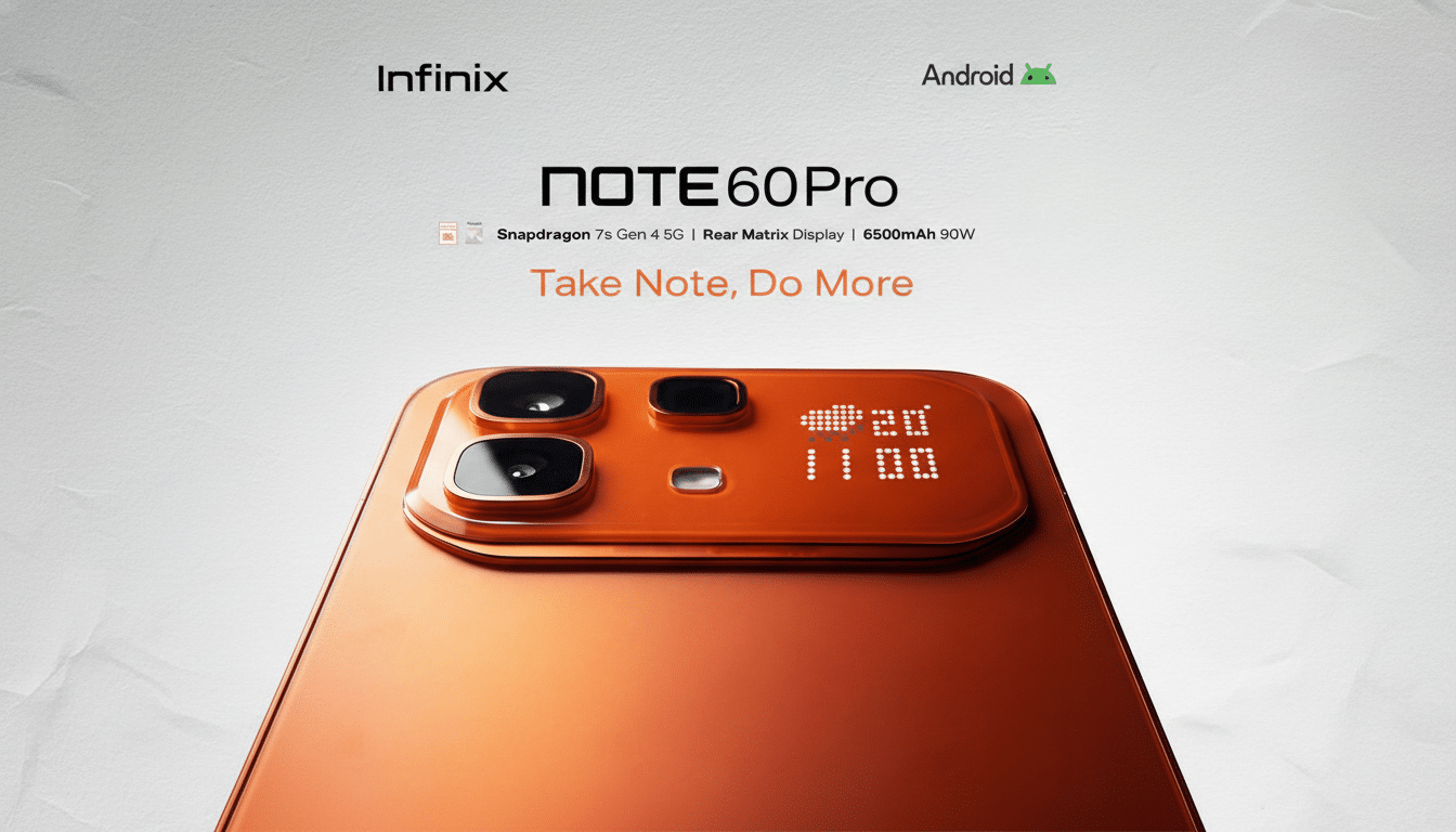 A professional, enhanced image of the Infinix Note 60 Pro smartphone in a 16:9 aspect ratio, featuring its orange back panel with a prominent camera module and a digital display showing 20° 11:00. The background is a subtle, light gray with soft paper-like textures, and the Infinix and Android logos, along with the phones model name and key features, are visible at the top.