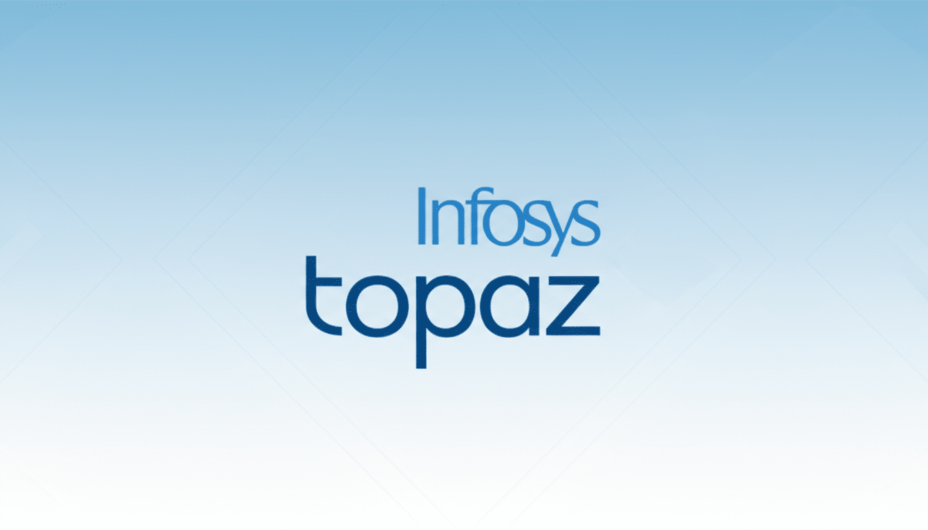 The Infosys Topaz logo, featuring Infosys in a lighter blue above topaz in a darker blue, centered on a professional 16:9 background with a subtle blue gradient and faint geometric patterns.