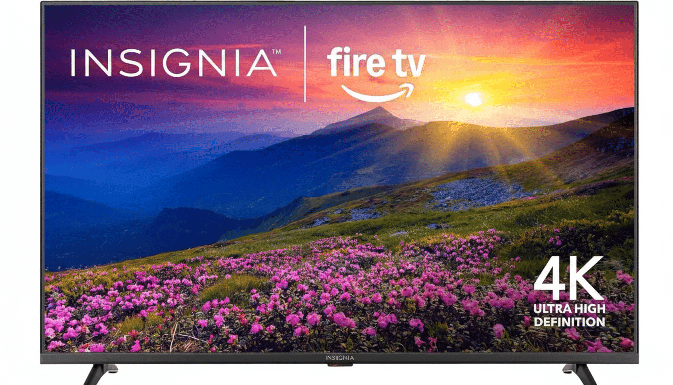 A professionally enhanced Insignia 4K Ultra High Definition Fire TV, resized to a 16:9 aspect ratio, displaying a vibrant sunset over a mountainous landscape with a field of purple flowers.