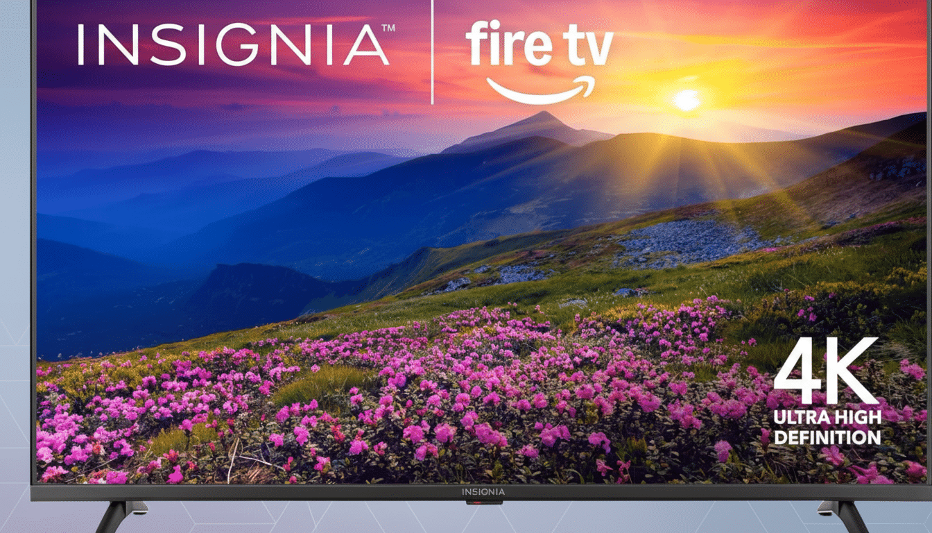 A 16:9 aspect ratio image of an Insignia Fire TV, displaying a vibrant landscape with purple flowers and a sunset over mountains. The INSIGNIA and fire tv logos are visible at the top, and 4K ULTRA HIGH DEFINITION is at the bottom right. The background behind the TV has been changed to a professional flat design with soft patterns.