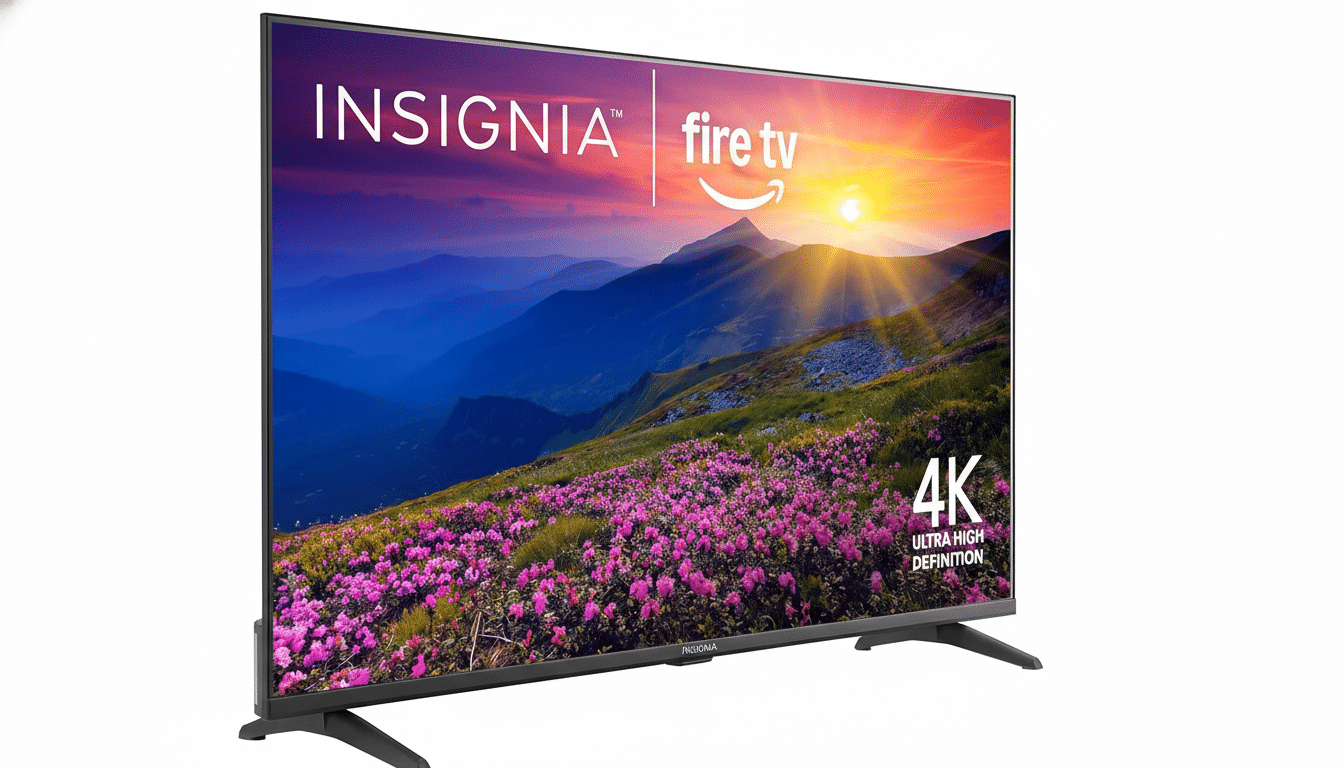 A 16:9 aspect ratio image of an Insignia Fire TV with a vibrant mountain landscape displayed on its screen, set against a clean white background.