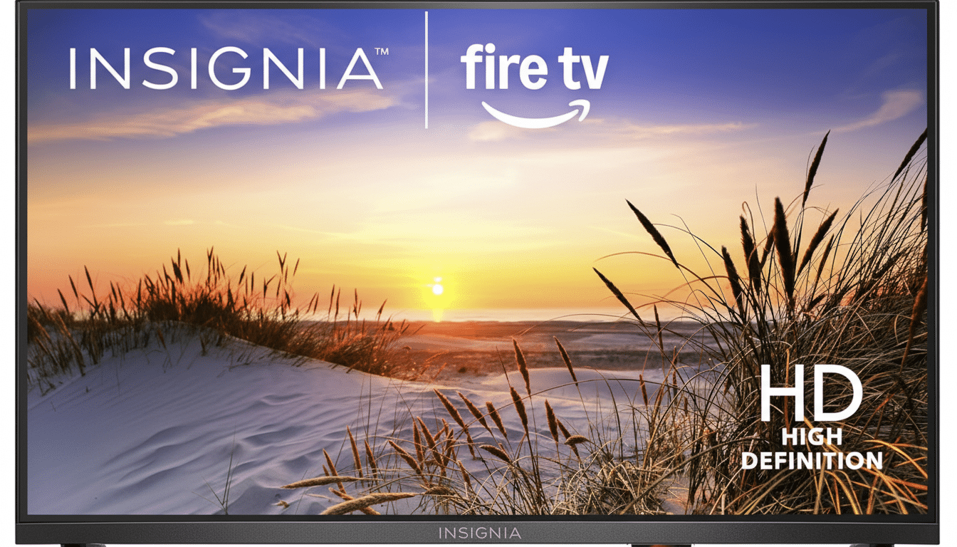 A 16:9 aspect ratio image of an Insignia Fire TV with a sunset beach scene displayed on the screen.
