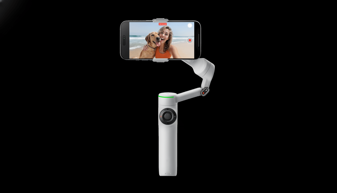 A white smartphone gimbal holding a phone displaying a woman and a dog on a beach, resized to a 16:9 aspect ratio with a black background.
