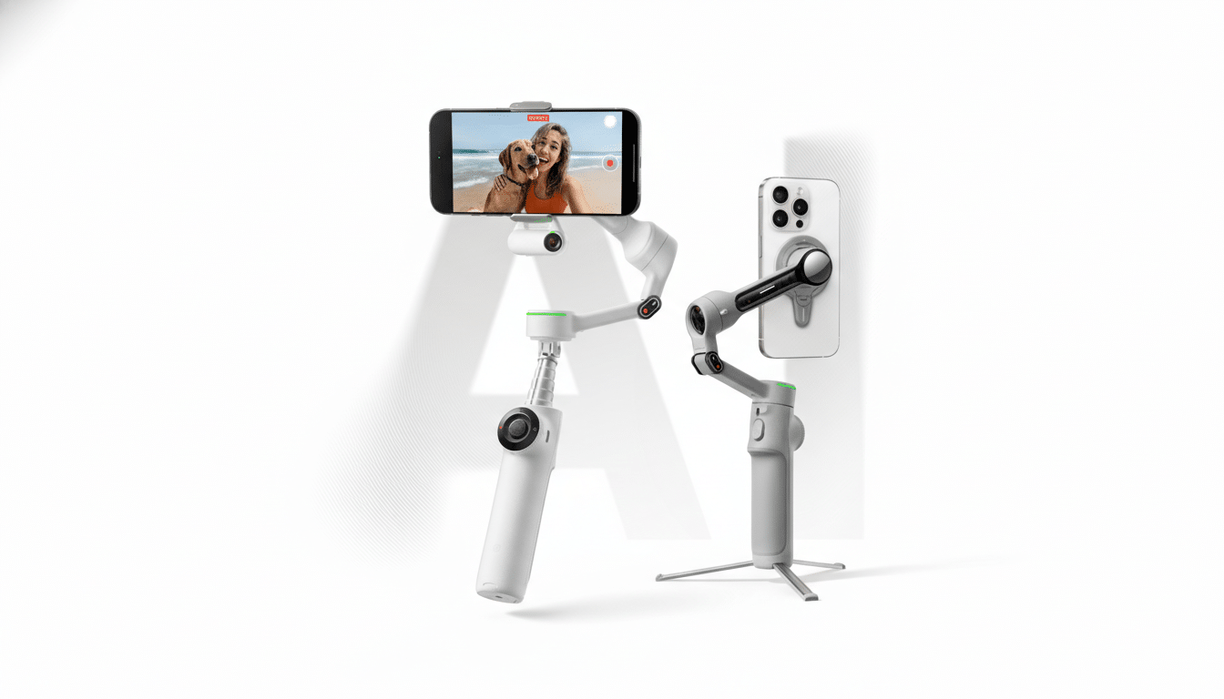 A white smartphone gimbal with a phone attached, displaying a woman and a dog on a beach, next to another white smartphone gimbal with a phone attached to its back, both on a white background.