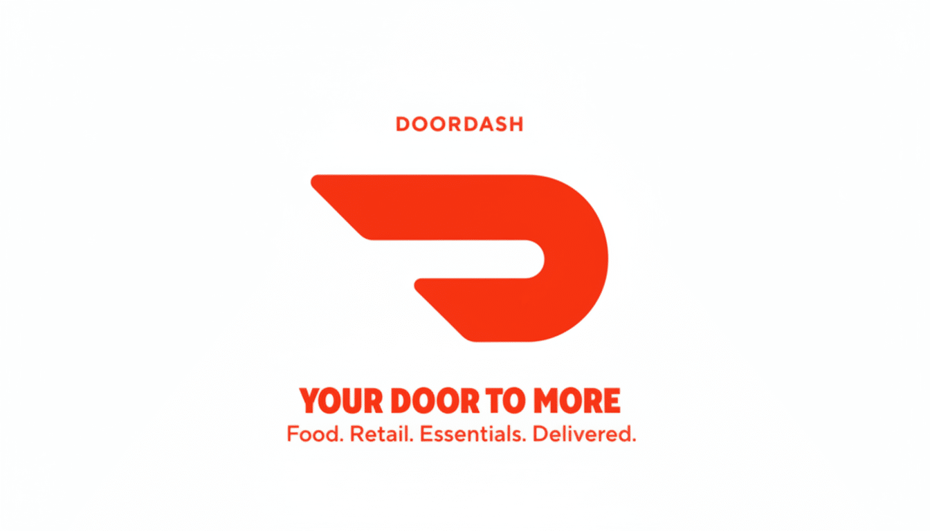 The DoorDash logo and slogan YOUR DOOR TO MORE Food. Retail. Essentials. Delivered. on a white background, resized to a 16:9 aspect ratio.