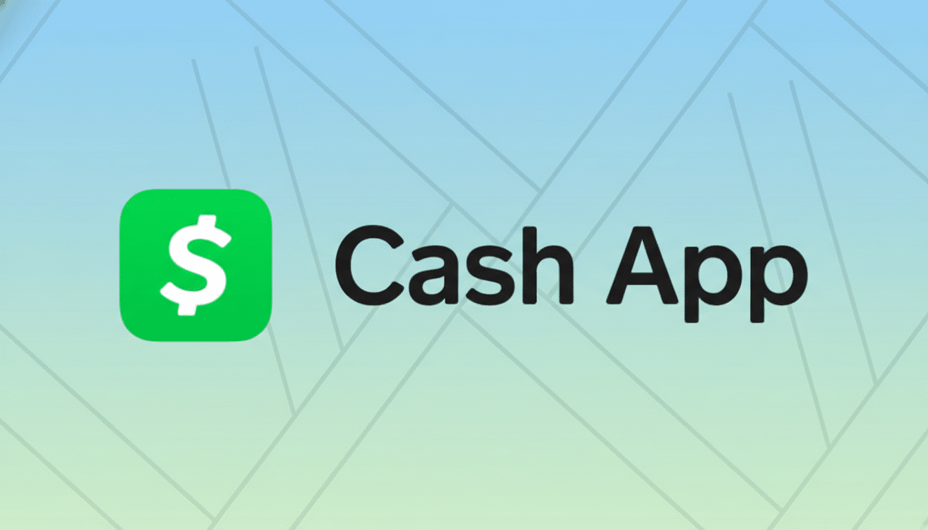 The Cash App logo, featuring a green square with a white dollar sign, next to the words Cash App in black text, set against a professional flat design background with soft blue and green gradients and subtle geometric patterns.