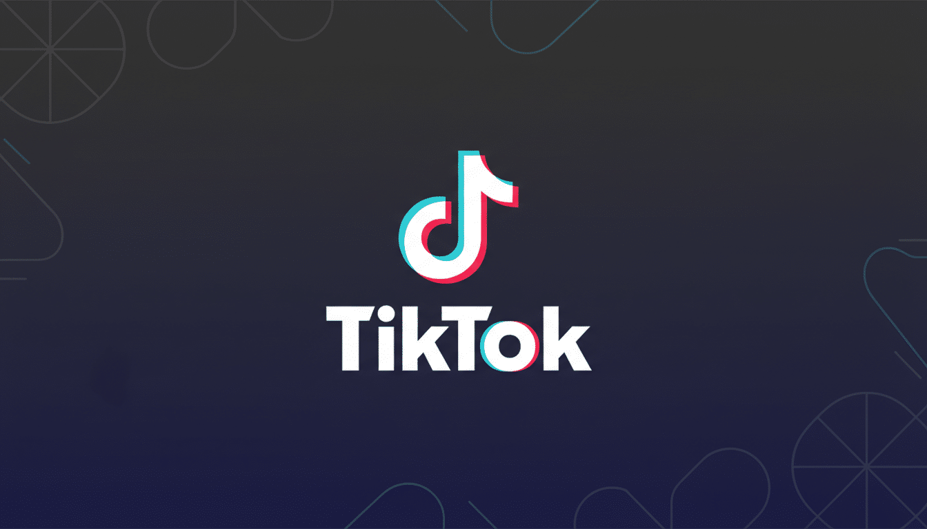 The TikTok logo, featuring a white musical note icon with cyan and red shadows, and the word TikTok in white text, centered on a dark blue background with subtle geometric patterns.