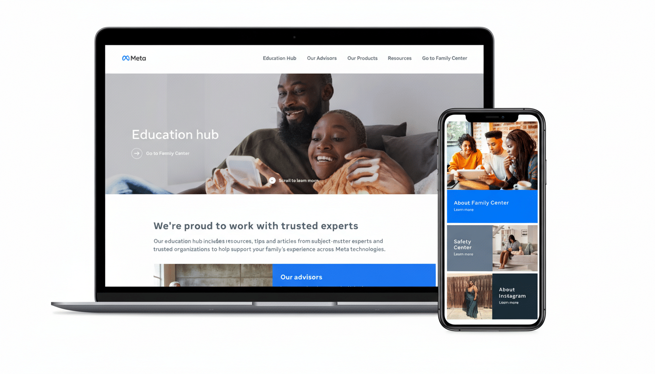 A laptop displaying the Meta Education Hub website and a smartphone showing the Meta Family Center app.