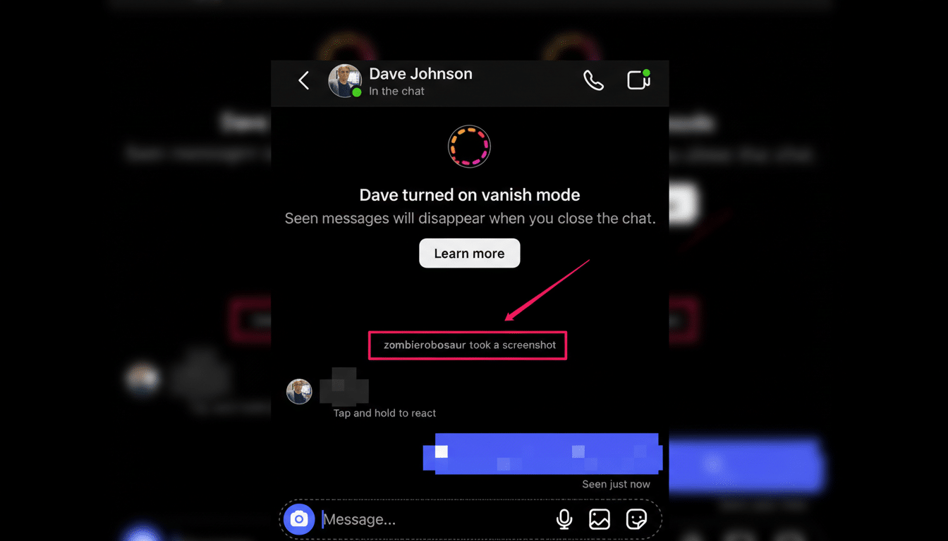 A screenshot of a messaging app interface in vanish mode, showing a notification that zombierobosaur took a screenshot.