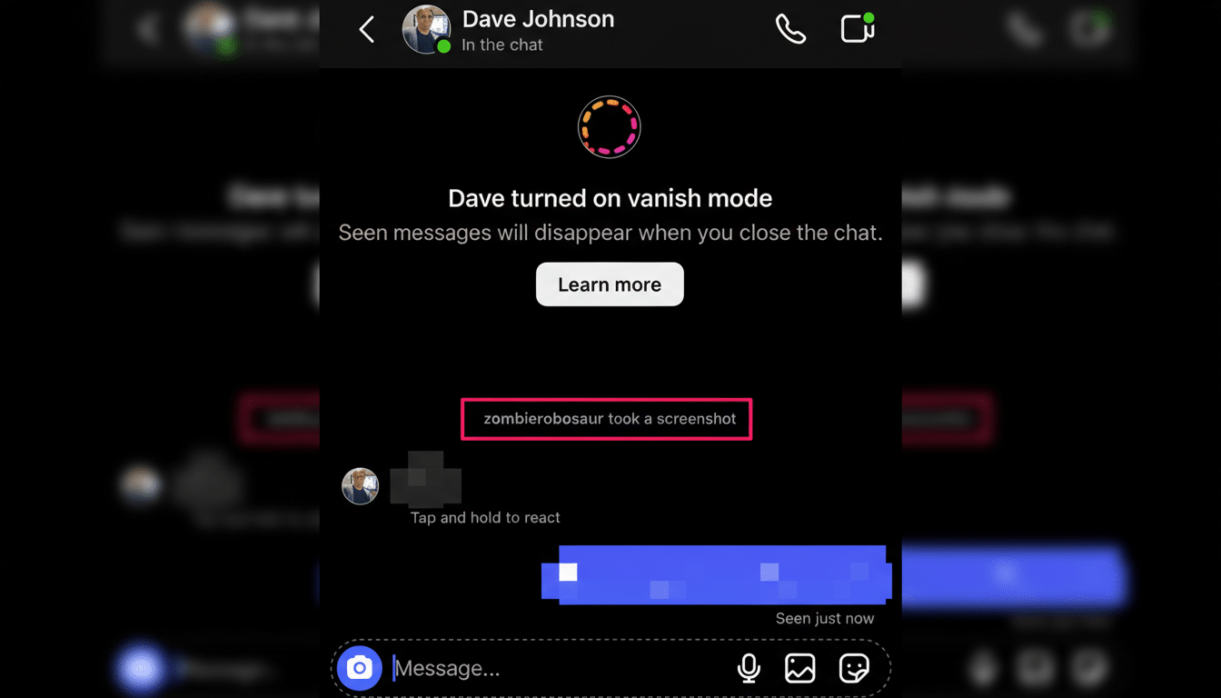 A screenshot of a messaging app interface in dark mode, showing a notification that zombierobosaur took a screenshot in a chat with Dave Johnson where vanish mode is active.