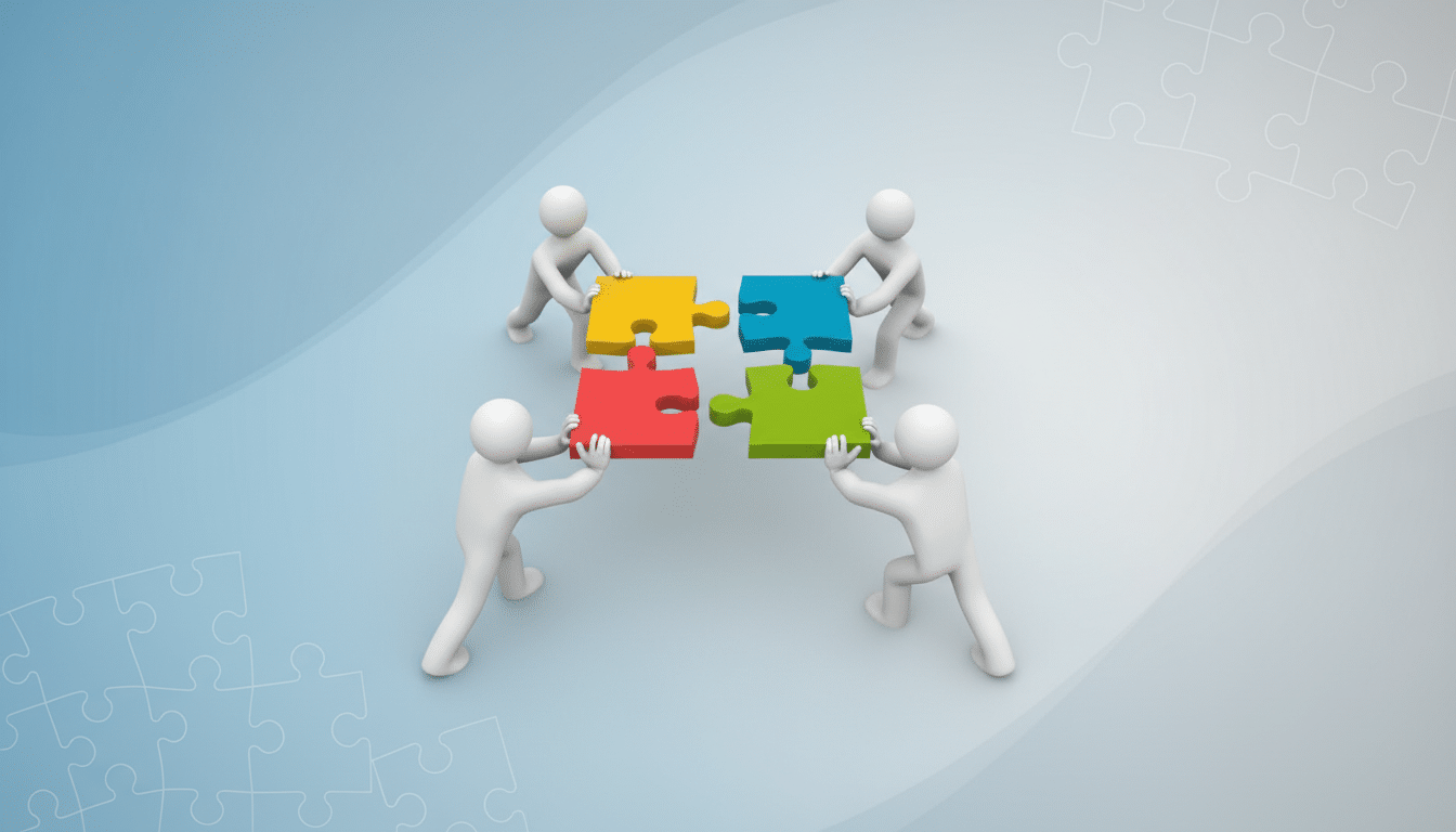 Four white figures each holding a colorful puzzle piece, forming a complete square puzzle on a light blue background with subtle puzzle piece patterns.