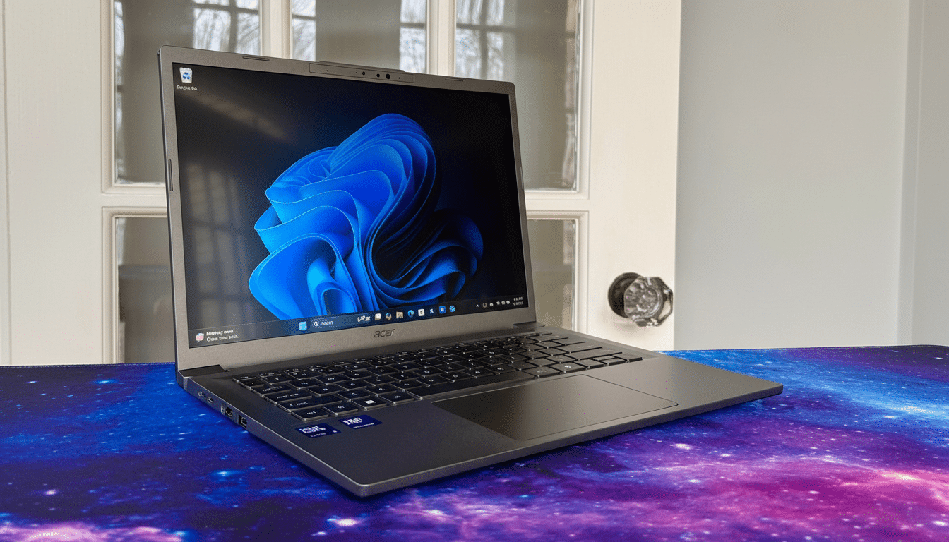 A gray Acer laptop with a blue and black abstract wallpaper on its screen, sitting on a blue and purple galaxy-themed desk mat.