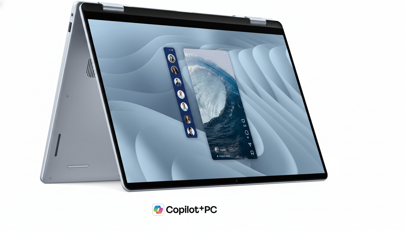A silver laptop with a screen displaying a wave image and a social media interface, set against a white background with the Copilot+PC logo.