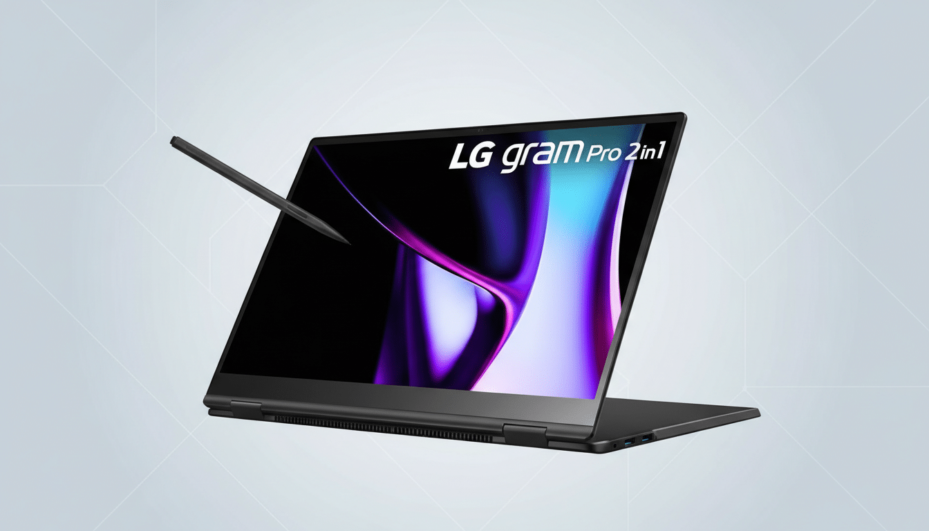 A black LG gram Pro 2-in-1 laptop with a stylus floating above the screen, set against a professional light gray background with subtle geometric patterns.