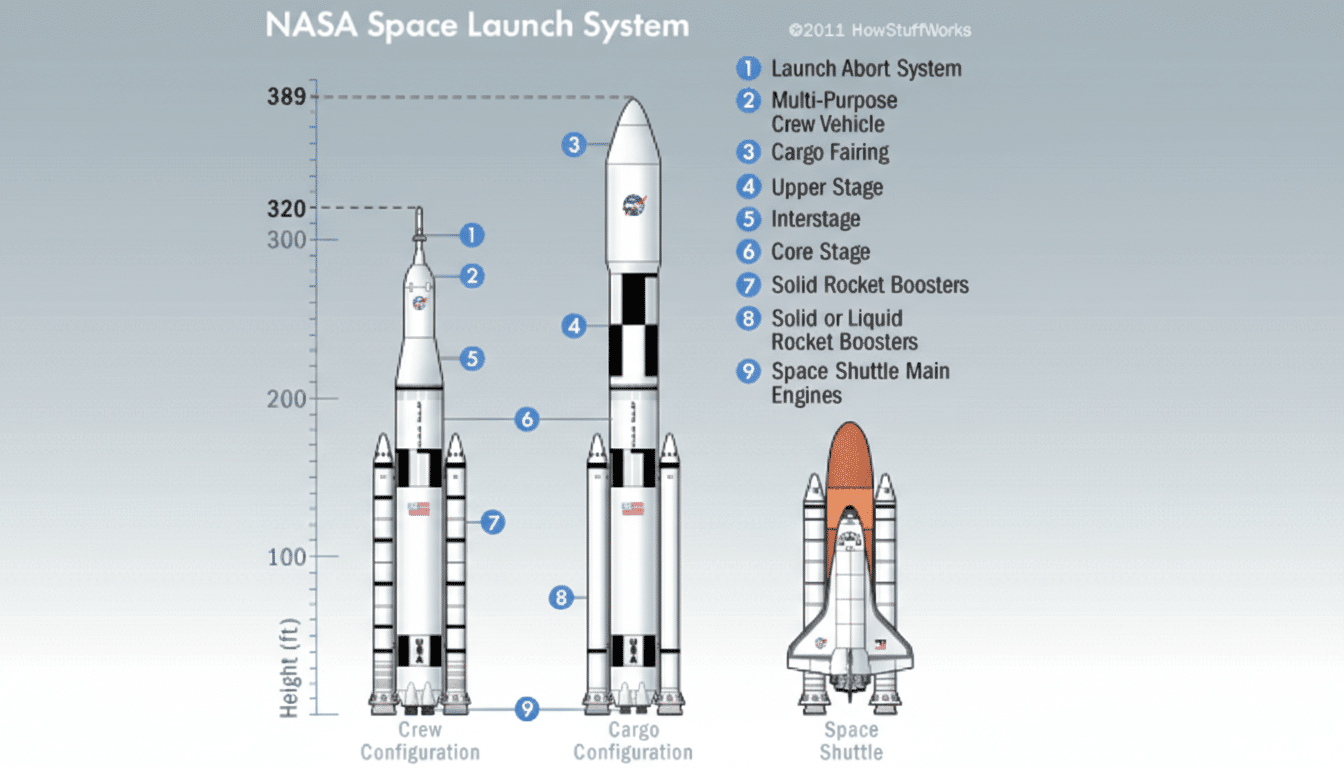 A diagram titled NASA Space Launch System showing three different configurations: Crew Configuration, Cargo Configuration, and Space Shuttle. Each configuration is labeled with numbered parts and a corresponding legend.