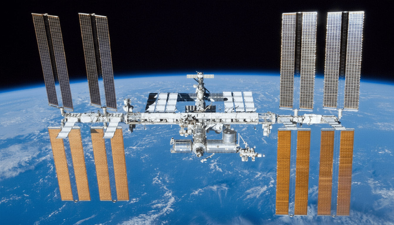 The International Space Station (ISS) orbiting above Earth, with its distinctive solar arrays extended against the dark expanse of space and the blue curve of the planet below.