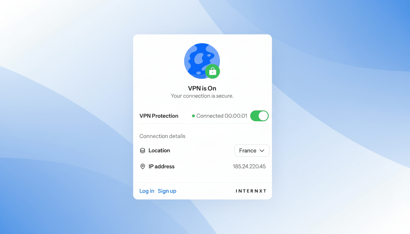 A screenshot of a VPN application interface showing VPN is On with a green lock icon over a globe, indicating a secure connection. The connection details show the location as France and an IP address. The background has been updated to a professional flat design with soft blue patterns.