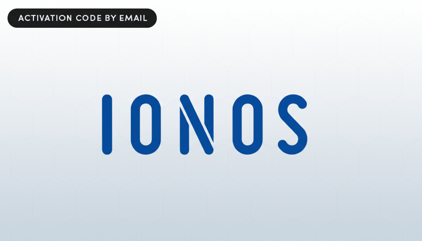 The IONOS logo in blue on a white background with a subtle hexagonal pattern, and a black banner in the top left corner stating ACTIVATION CODE BY EMAIL.