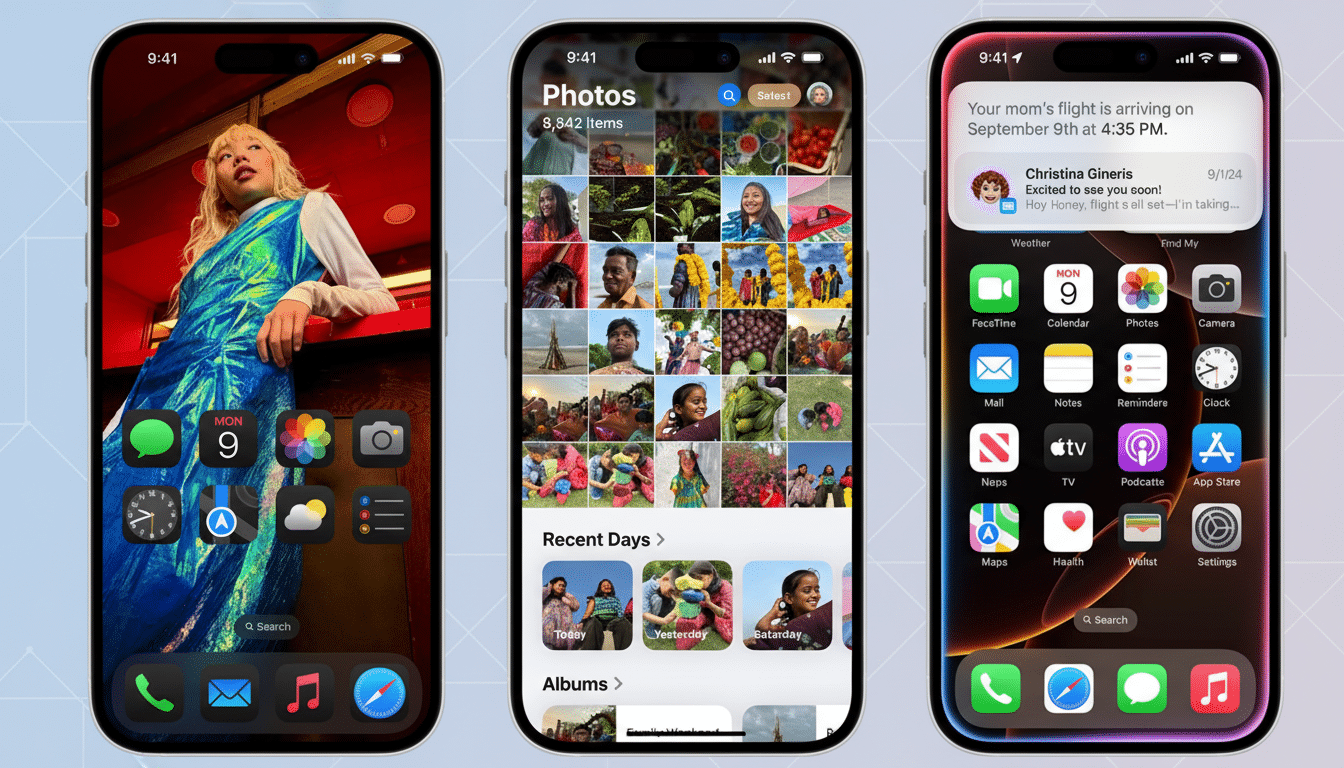 Three iPhones displayed side-by-side, showcasing different screen interfaces. The left phone shows a woman in a blue dress as the wallpaper, with app icons overlaid. The middle phone displays a photo gallery interface. The right phone shows the home screen with various app icons and a notification banner. The background is a soft blue gradient.