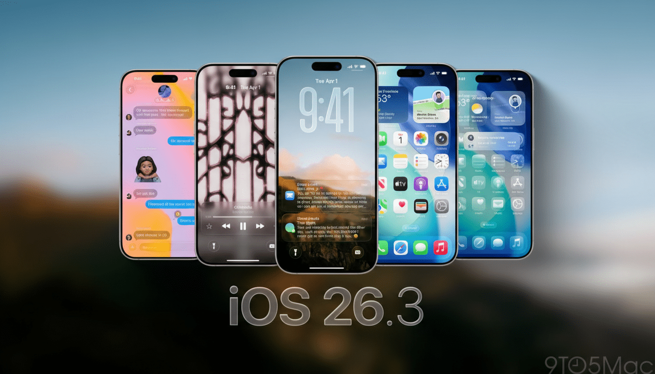 Five iPhones displaying different iOS screens, including messages, music, lock screen, and home screens, with iOS 26.3 text in the foreground.
