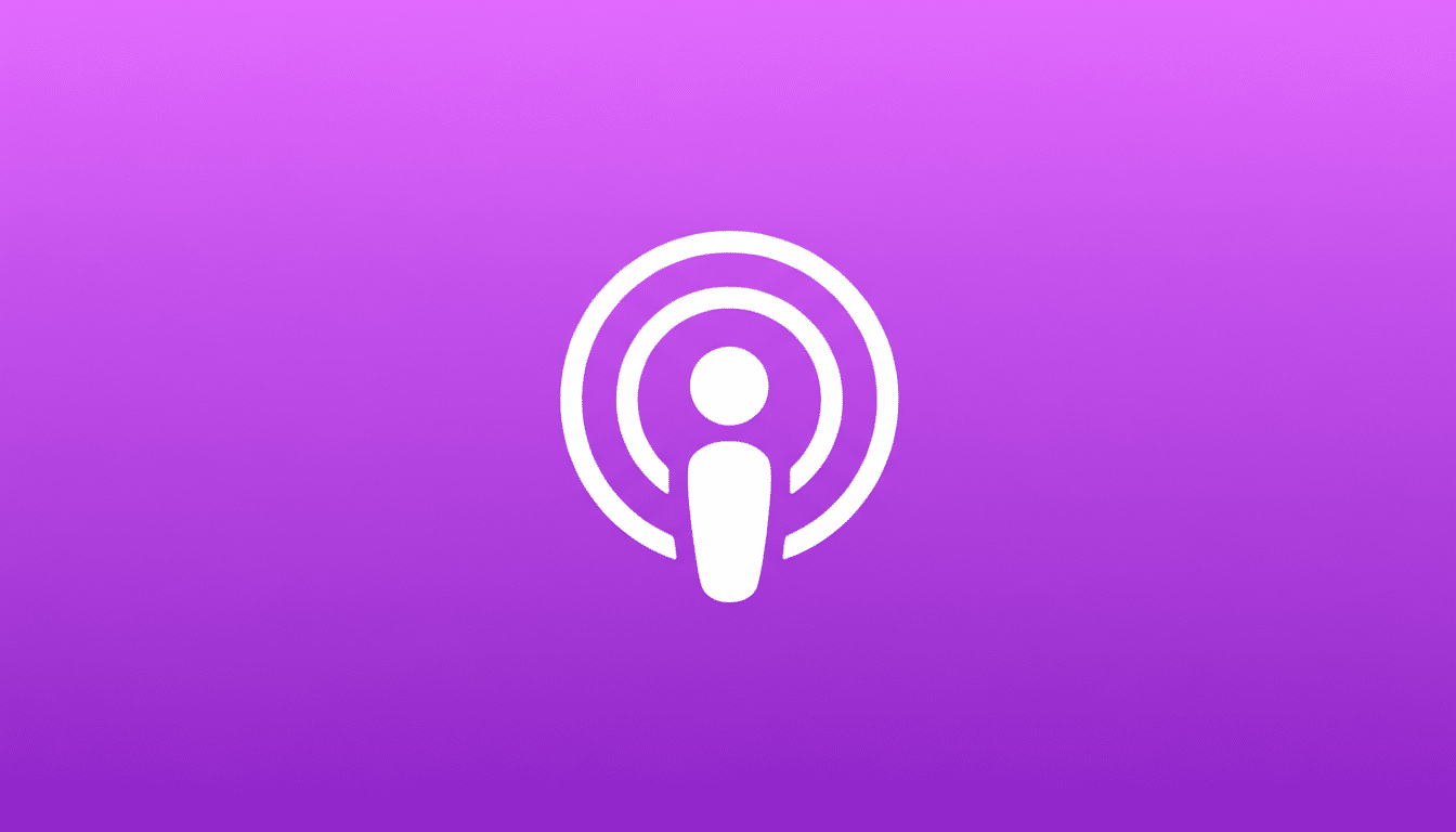 A white podcast icon on a purple gradient background, resized to a 16:9 aspect ratio.