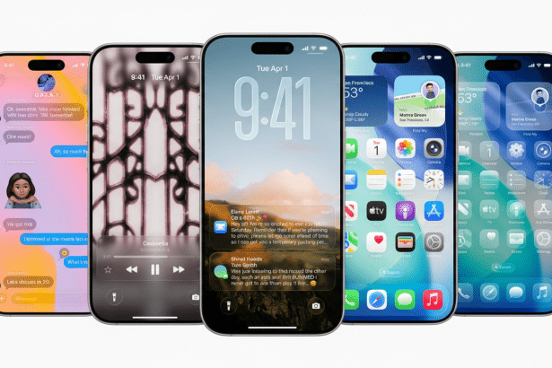 Five iPhones are displayed side-by-side, showcasing various screen interfaces. From left to right, the screens show a messaging app with colorful chat bubbles, a music player interface, a lock screen with notifications over a landscape background, a home screen with app icons, and another home screen with app icons. The phones are presented against a clean white background.