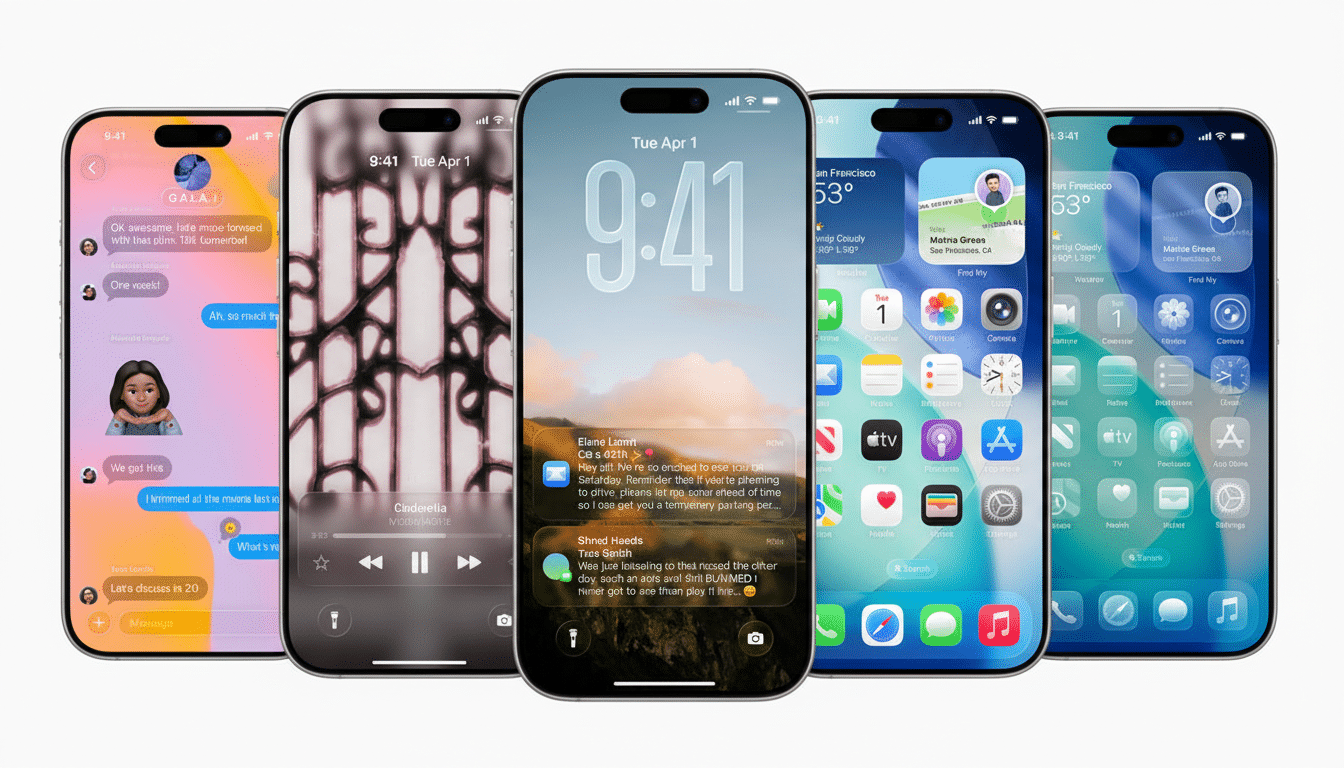 Five iPhones are displayed side-by-side, showcasing various screen interfaces. From left to right, the screens show a messaging app with colorful chat bubbles, a music player interface, a lock screen with notifications over a landscape background, a home screen with app icons, and another home screen with app icons. The phones are presented against a clean white background.