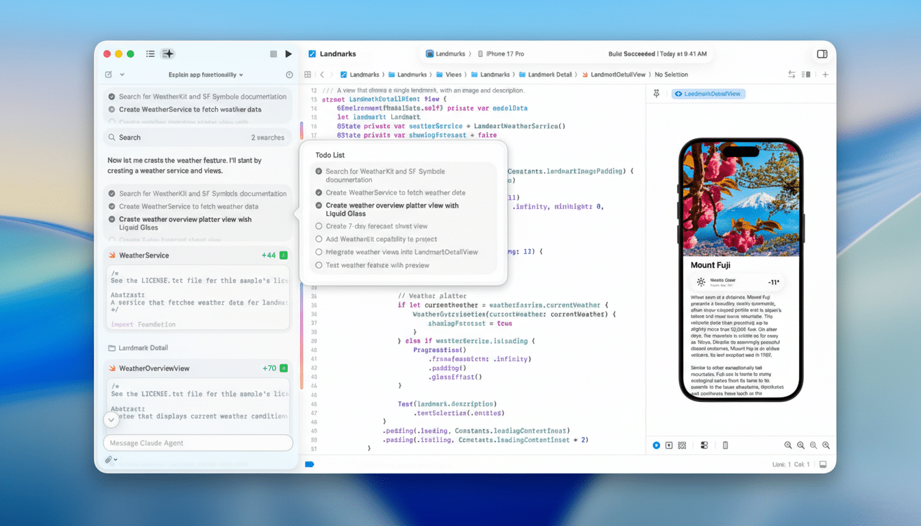 A screenshot of a coding environment with a to-do list overlay and a mobile phone preview displaying information about Mount Fuji.