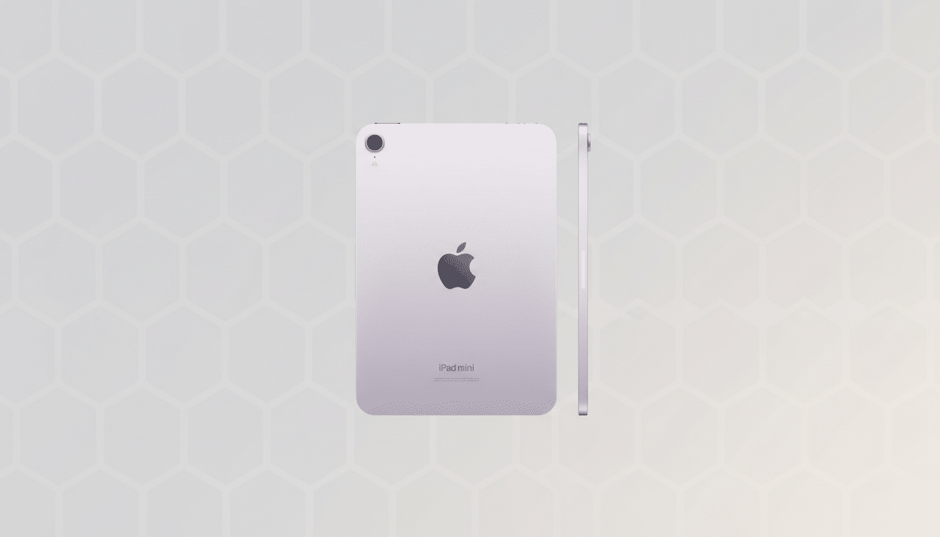 A silver iPad mini is shown from the back, with a side view of the device next to it, against a light gray background with a subtle hexagonal pattern.
