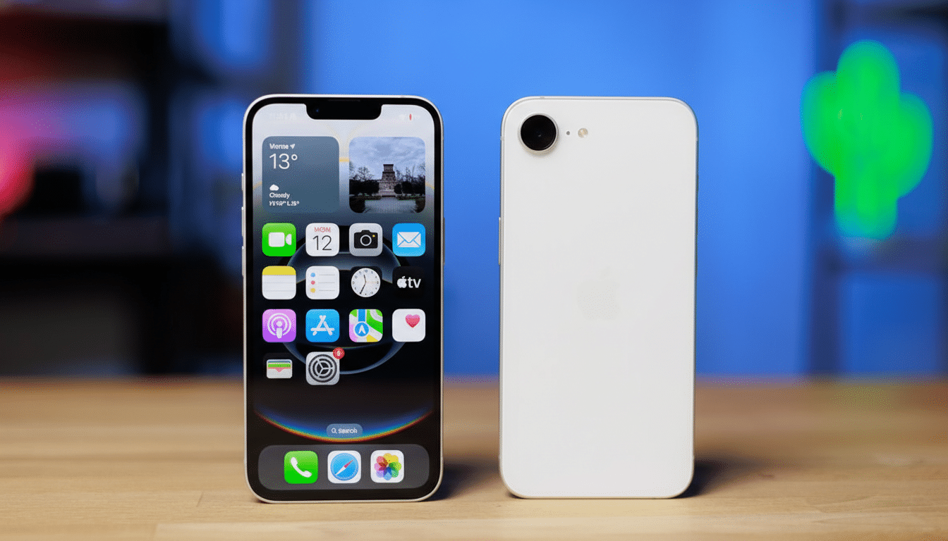 Two iPhones, one with a screen displaying apps and widgets, and the other showing its white back, are placed side-by-side on a wooden surface against a blurred blue and green background.