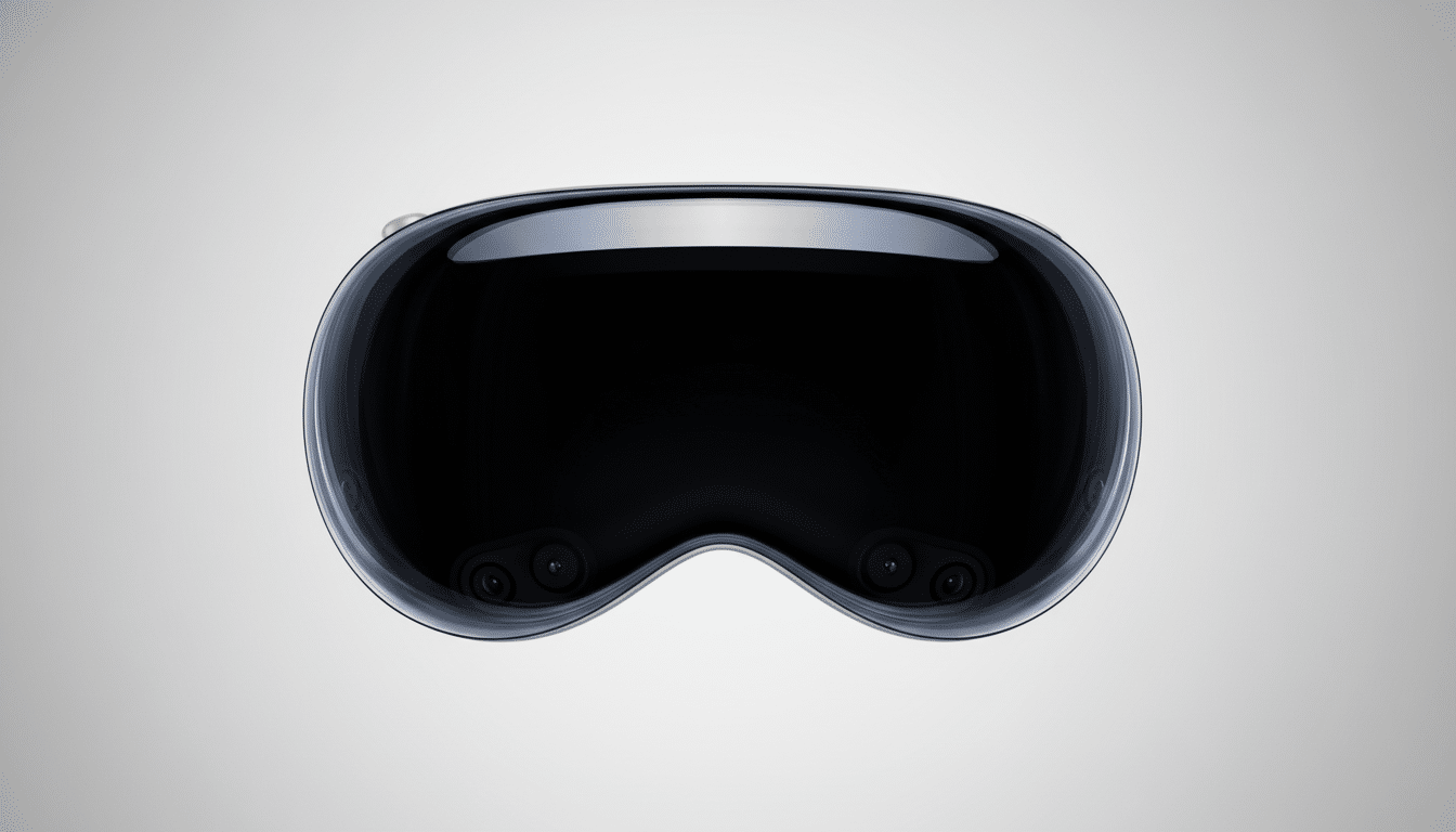 A sleek, dark virtual reality headset with a reflective front panel, presented on a professional flat design background with a soft gradient.