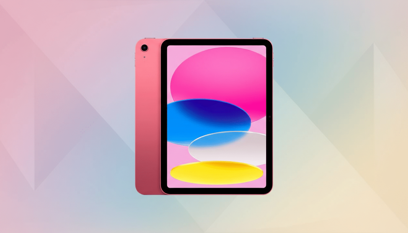 A pink iPad with a colorful screen, set against a professional flat design background with soft patterns and gradients.