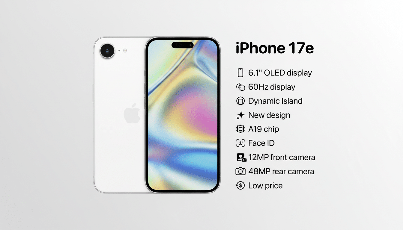 A white iPhone 17e with a colorful abstract wallpaper on its screen, next to a list of its features on a light gray background.