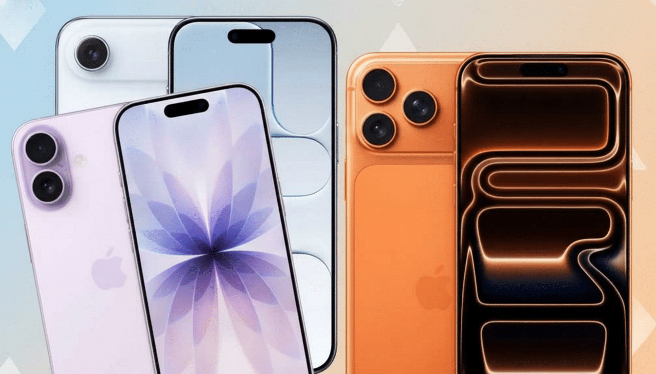 A 16:9 aspect ratio image of four iPhones in various colors (light blue, purple, orange, and dark brown) with a professional flat design background featuring soft patterns and gradients.