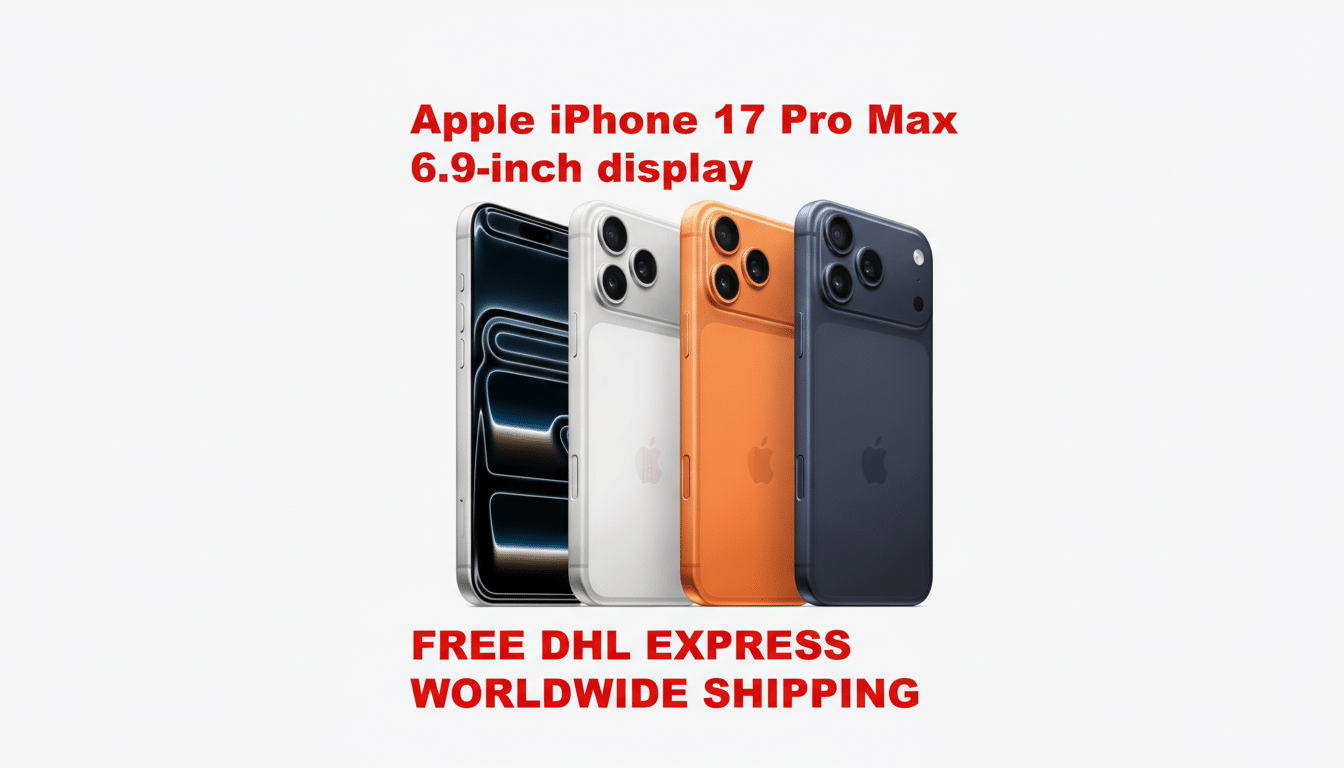 Four Apple iPhone 17 Pro Max phones in different colors (black, white, orange, and blue) are displayed on a white background. The text Apple iPhone 17 Pro Max 6.9-inch display and FREE DHL EXPRESS WORLDWIDE SHIPPING are in red at the top and bottom of the image, respectively.