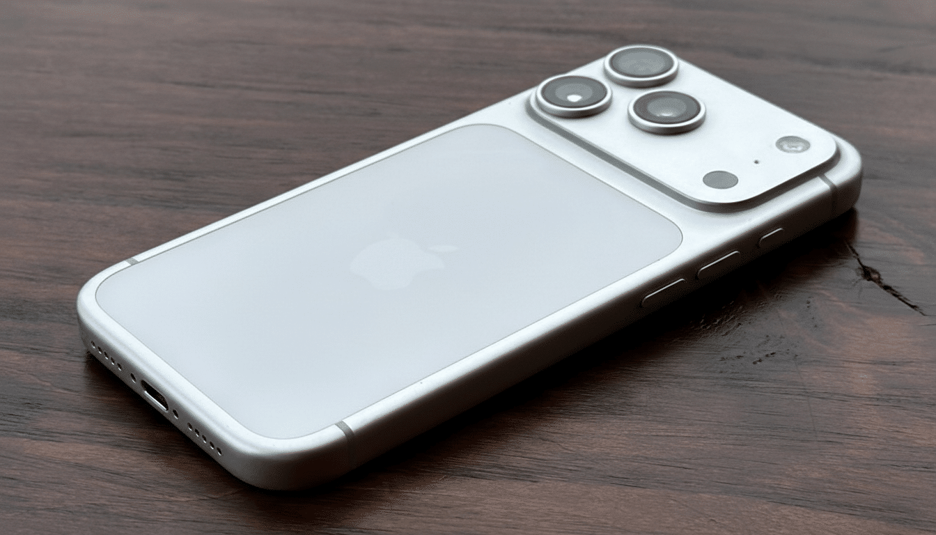 A silver smartphone with three camera lenses on a dark wooden surface, resized to a 16:9 aspect ratio.