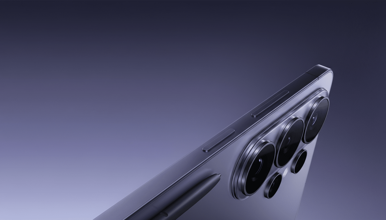 A professional close-up shot of a modern smartphone in a purple hue, featuring its camera array and a stylus, set against a soft gradient background.