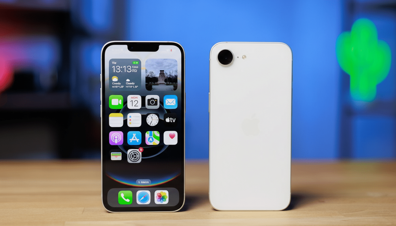 Two iPhones, one with a screen displaying apps and widgets, and the other showing its back, are placed side-by-side on a wooden surface with a blurred blue and green background.