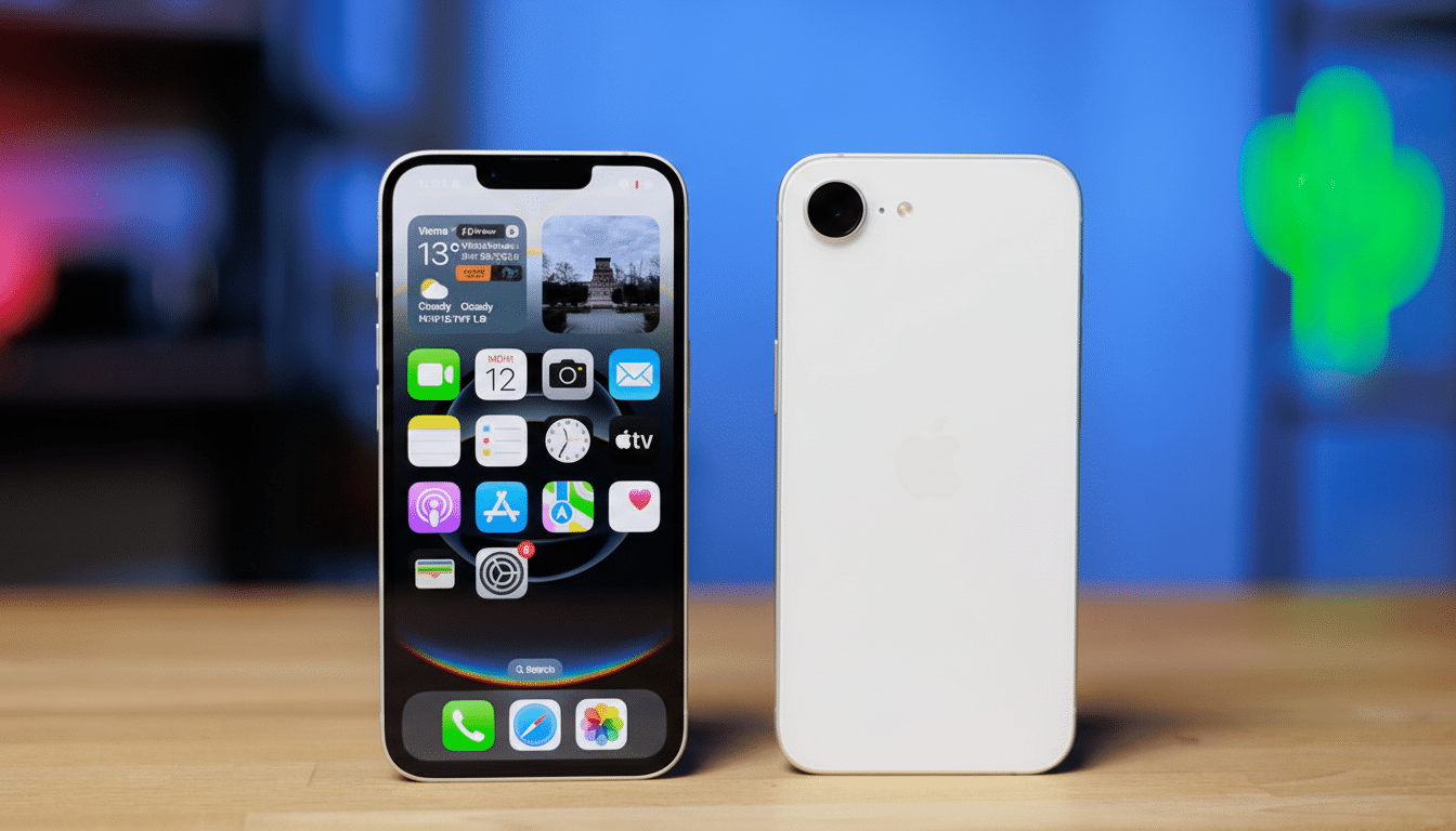 Two iPhones, one with a screen displaying apps and widgets, and the other showing its white back, are placed side-by-side on a wooden surface with a blurred blue and green background.