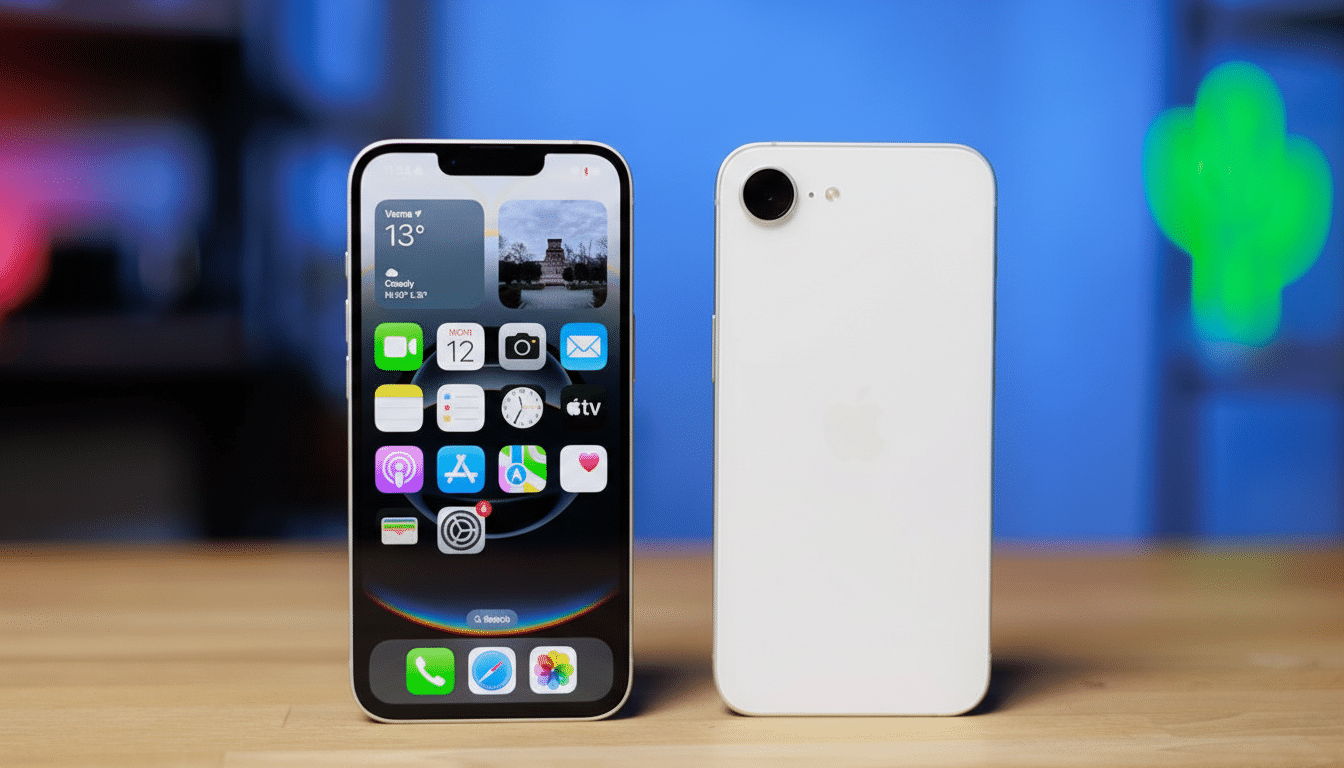 Two iPhones, one with its screen facing forward displaying app icons and widgets, and another with its back facing forward, both on a wooden surface with a blurred blue and green background.