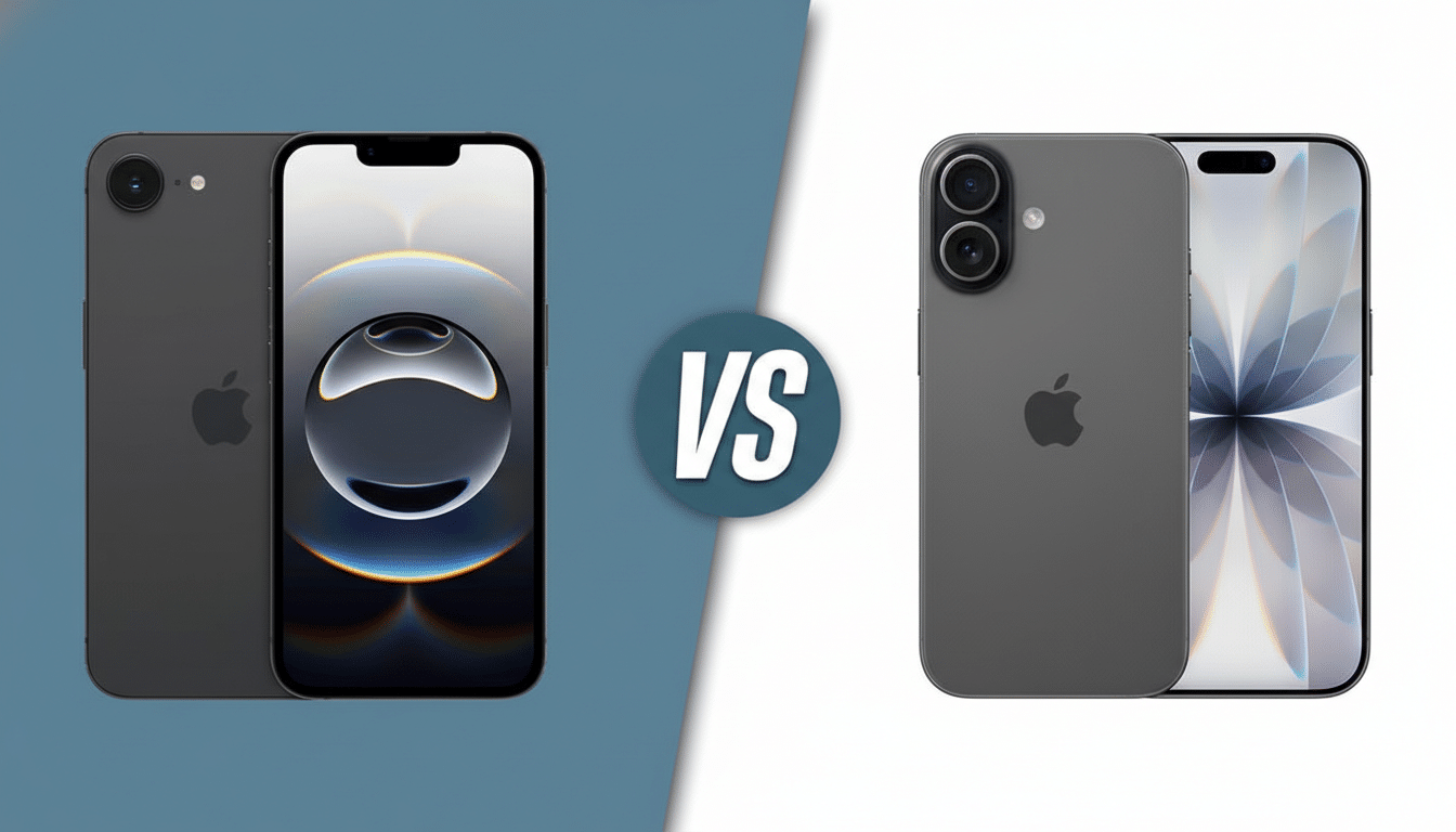 A comparison image of two dark gray iPhones, one on the left with a single camera and a screen displaying a circular graphic, and one on the right with two cameras and a screen displaying a floral-like graphic. A VS logo is centered between them.